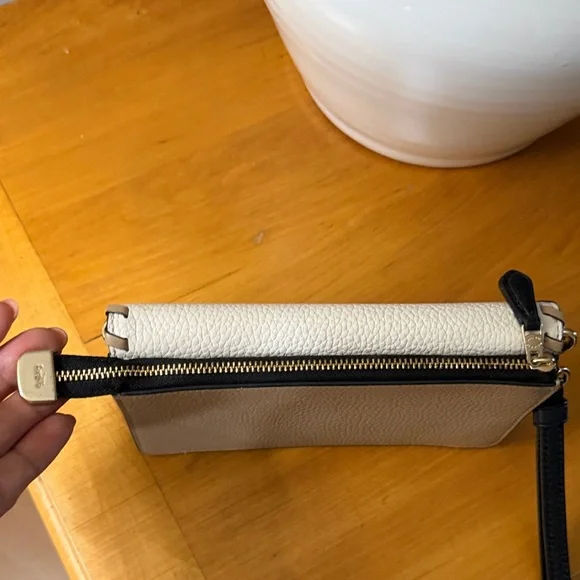 Coach Two-Tone Cream & Taupe Leather Crossbody Wristlet with Black Strap - Picture 4 of 16